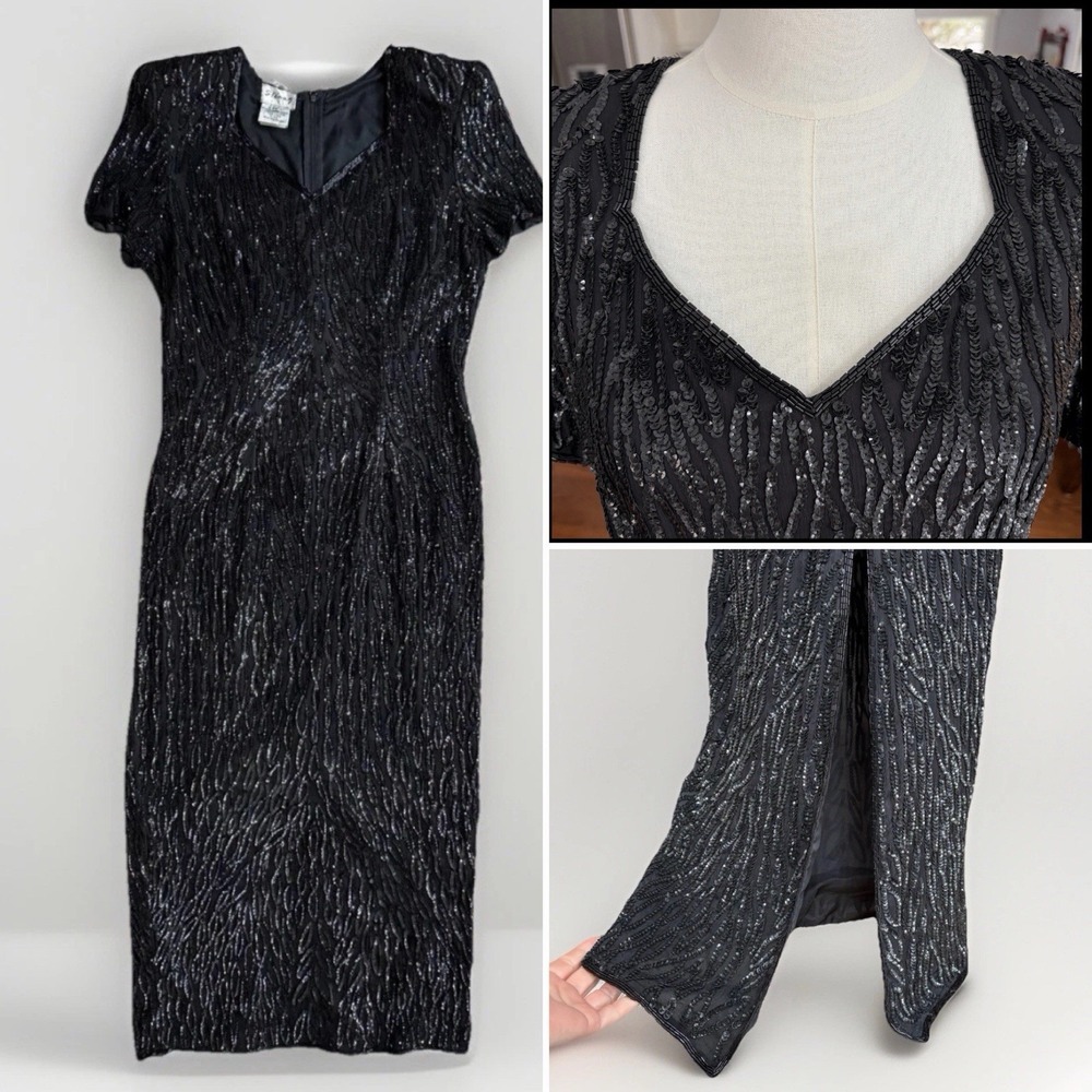Vintage NWT Black Silk Beaded Formal Maxi Dress Size 14 Wedding Event Elegant